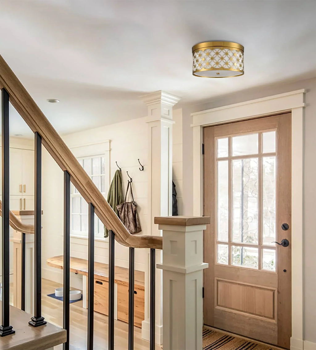 Brushed Fabric Gold Ceiling Modern Fixtures White Light with Drum Shade