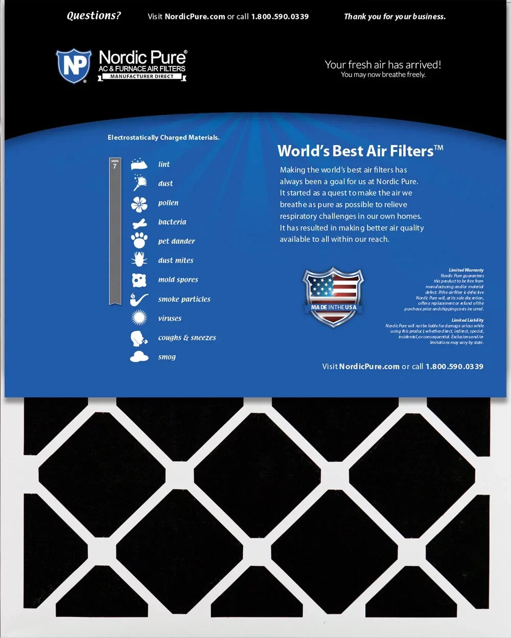 18x25x2 MERV Pure Air Pleated 3 Carbon 7 Plus Nordic Filters Pack