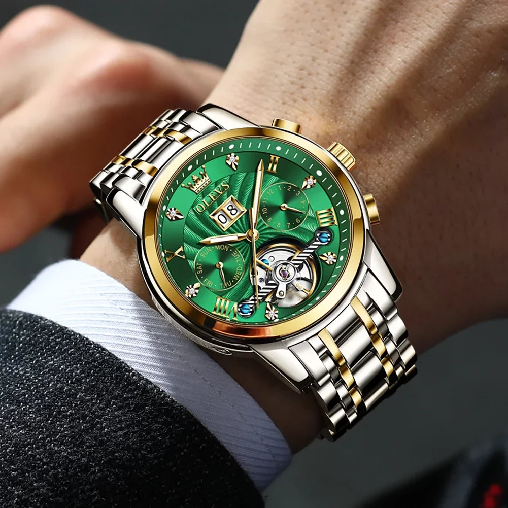 Diamond Watches Luxury Dress Mens Stainless Steel Skeleton OLEVS Automatic Watches Men Self-Winding for Band Business