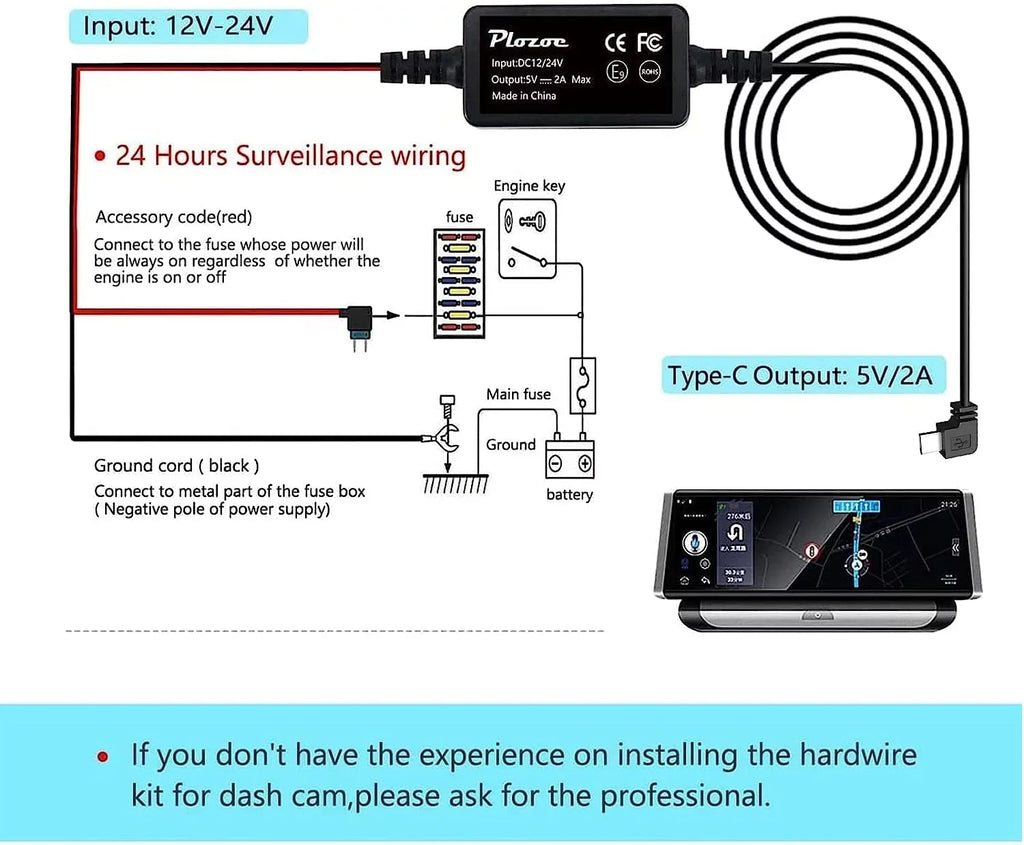 Cam Hard Kit,Type-C 12V-24V Kit,USB Camera Kit Hardwire C Dashcam, Wire Dash Wire for Plozoe 5V Hard Fuse to Dash Car