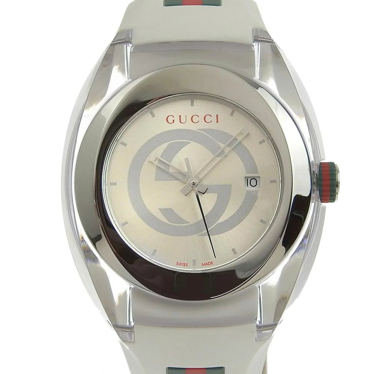 Authenticated Rubber Quartz Display Men's Silver 137.1 Watch Sink x Used Gucci Dial Analog Steel Stainless