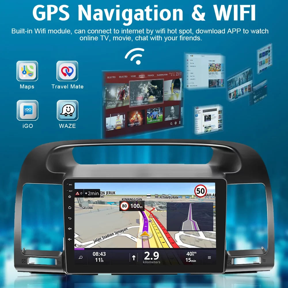 Car Wireless Bluetooth Carplay Auto Android 2+64G Stereo Podofo AHD Android 13 FM Camry WIFI Hifi, Radio Camera Toyota Touch GPS Backup Link 2000-2003 9'' for Screen Mirror