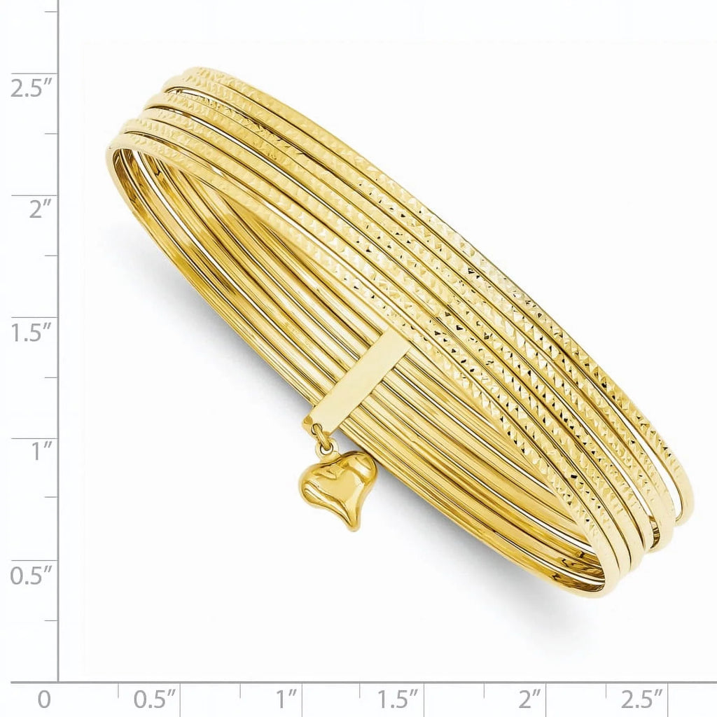 Beautiful w/ Textured 14K Bangles Slip-on 7 Dangle Set of Heart