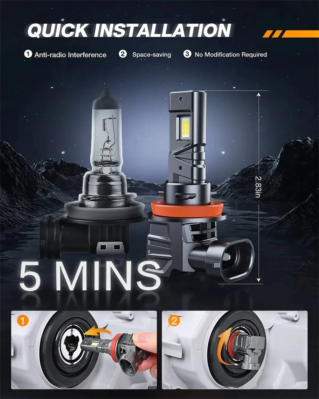 LED H11/H9/H8 2 6000K 16000LM BULBS 80W Nilight | Bulbs IP67 Headlight Series ES1