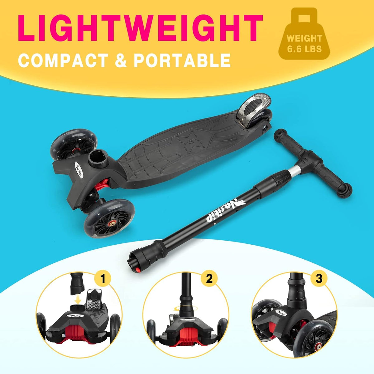 Adjustable Height, from Scooter Light with Wheels Bearing, Push to 3 Up 4 Boys 12 3 AEBC-9 Collapsible Scooter for Toddlers Girls Years Kids Portable Old(Black) Kick