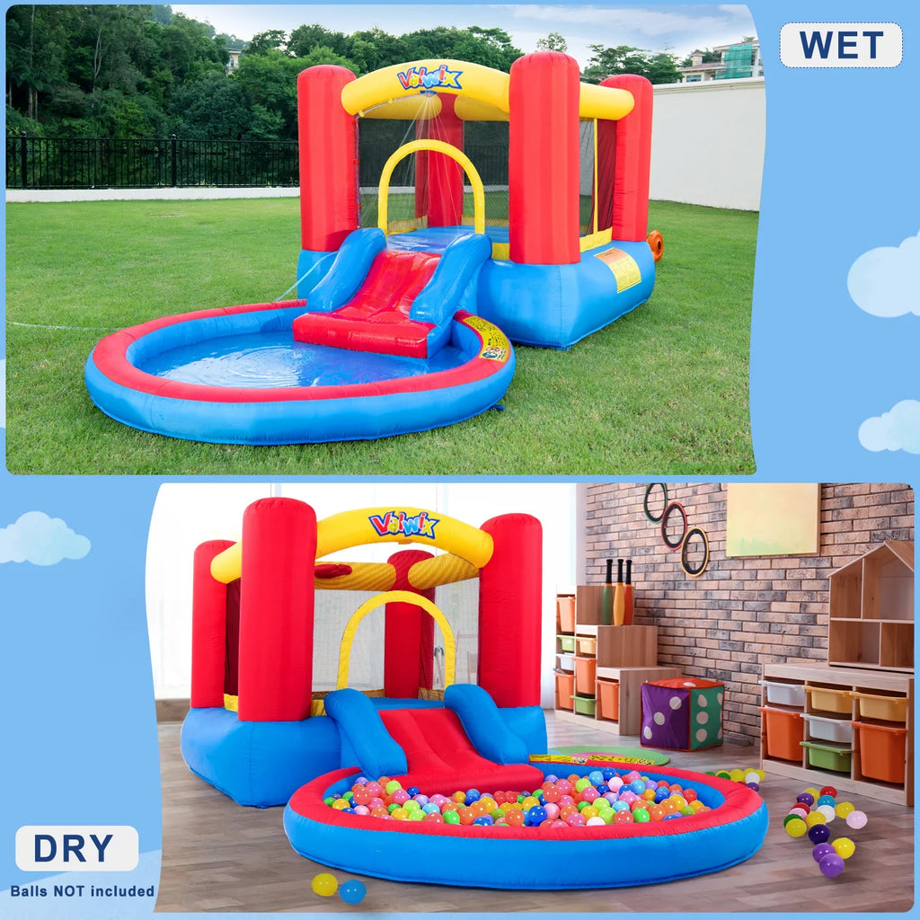 Basketball Bounce Castle with Pool Area with Fun Bouncy Bouncer Kids & Dry Wet Waterslide Blower Inflatable House for Repair years 3-5 , Kits, with Bounce Combo, Hoop Valwix for