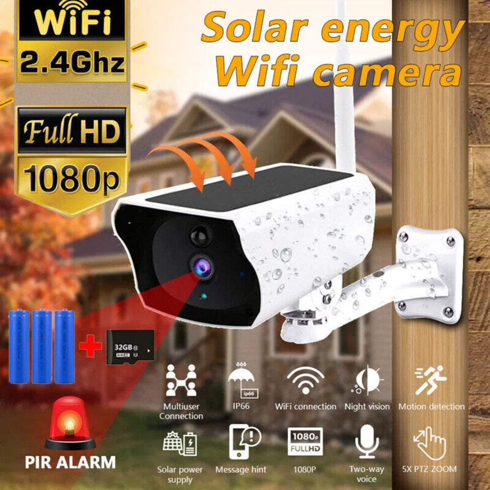 WiFi Surveillance Camera, Solar Battery Cameras, IP Waterproof, Powered Camera Energy 1080P Security Detection, Powered, Motion Wireless Rechargeable Video Outdoor