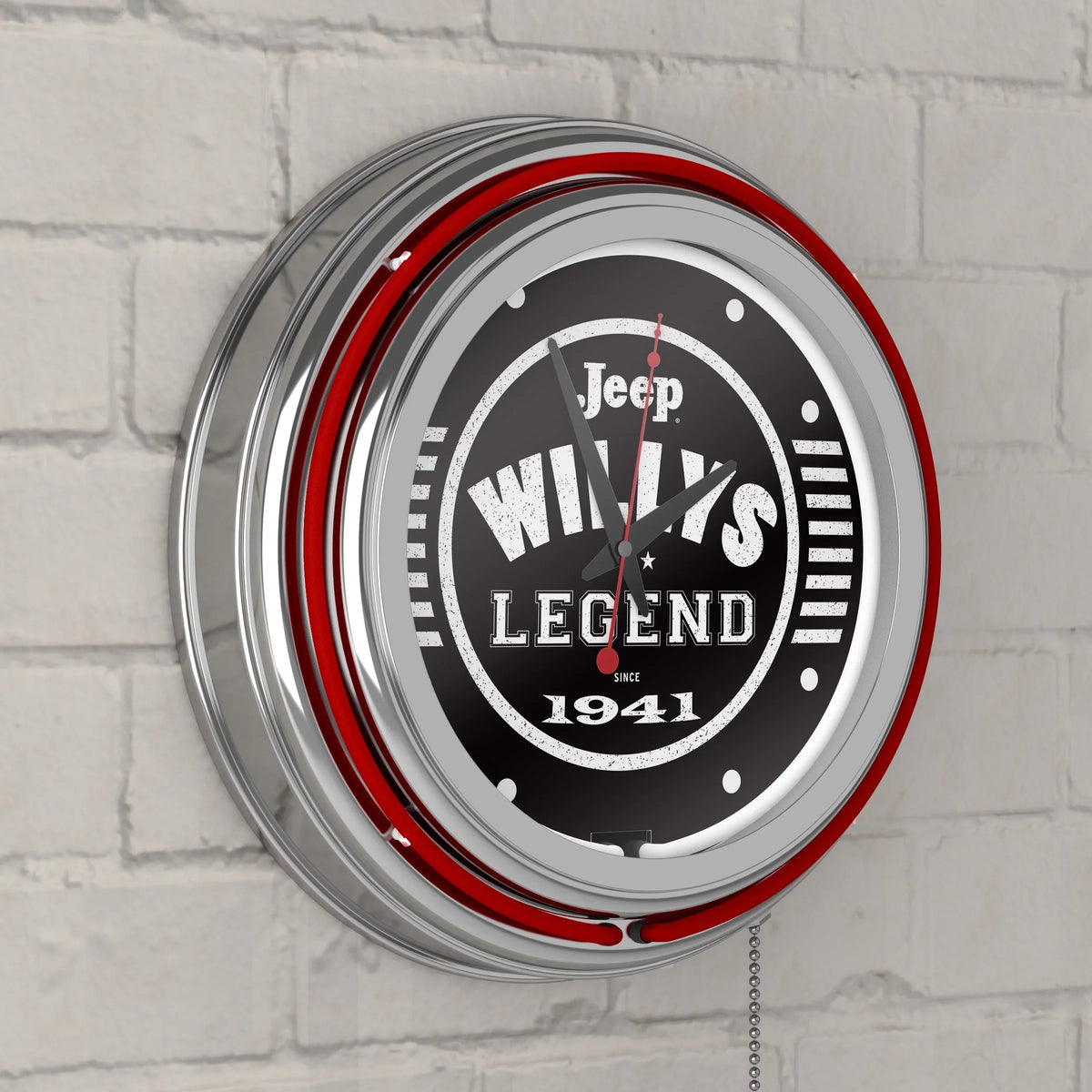 (Red) Accessories Pull Neon with or Willys Double Clock-Jeep Man Wall Clock Legend Cave Chain-Pub, Rung Analog Garage, Black