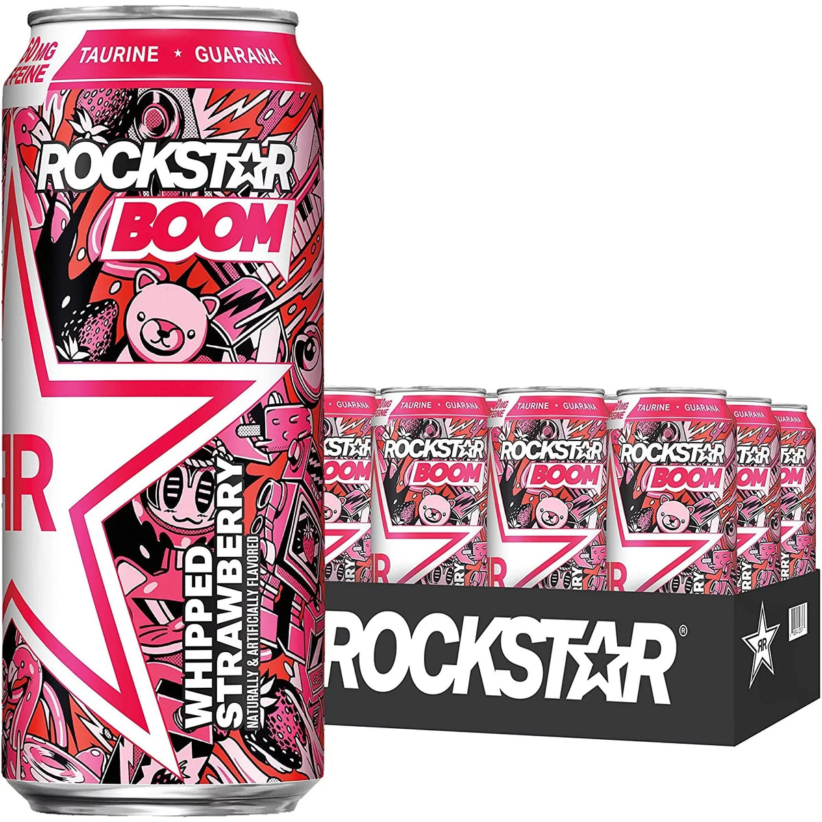 Taurine Pack Energy Vary, May Caffeine with Boom 16oz Rockstar, Drink 12 Cans Strawberry, and Whipped Packaging Count