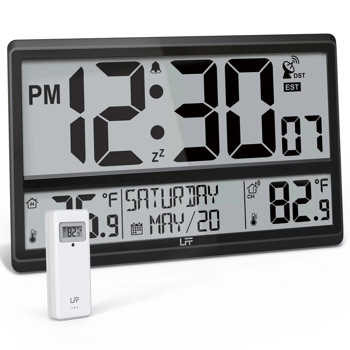 Battery Setting, with Clock LFF with Easy-to-Read, Atomic Wall Needs Atomic Clock Indoor Operated, / Wall Never Large Wireless Sensor Outdoor / Outdoor Numbers Clock 4.5" 15" Temperature, Digital