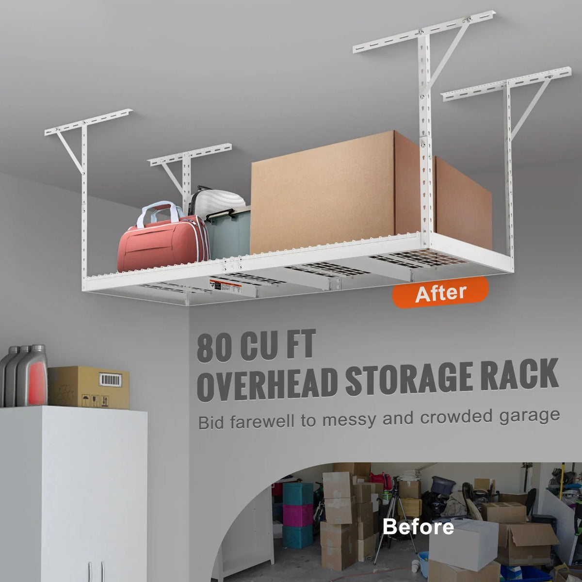 White Ceiling 36x96" Storage Rack 600lb Rack Overhead SKYSHALO Adjustable Garage