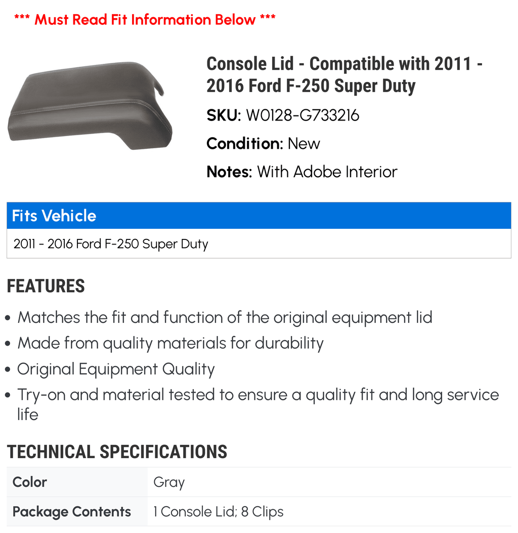 Ford 2016 Console Super - 2012 with 2011 - 2013 2014 Duty F-250 Compatible 2015 Lid