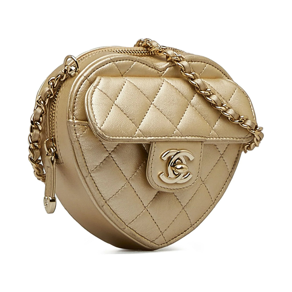 Crossbody Mini Gold Authenticated Heart Leather Chanel Unisex in Crossbody Bag CC Pre-Owned Love (Good) Lambskin