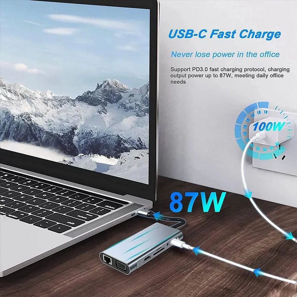Pro,Air HDMI, USB Ports 4K Multi-Port PD100W 3.5mm Kidsol Station Docking 11-in-1 Gigabit A*4, VGA,Type-C Lenovo Laptop Dell MacBook LAN,SD,MicroSD,Compatible C HP with with Power,USB