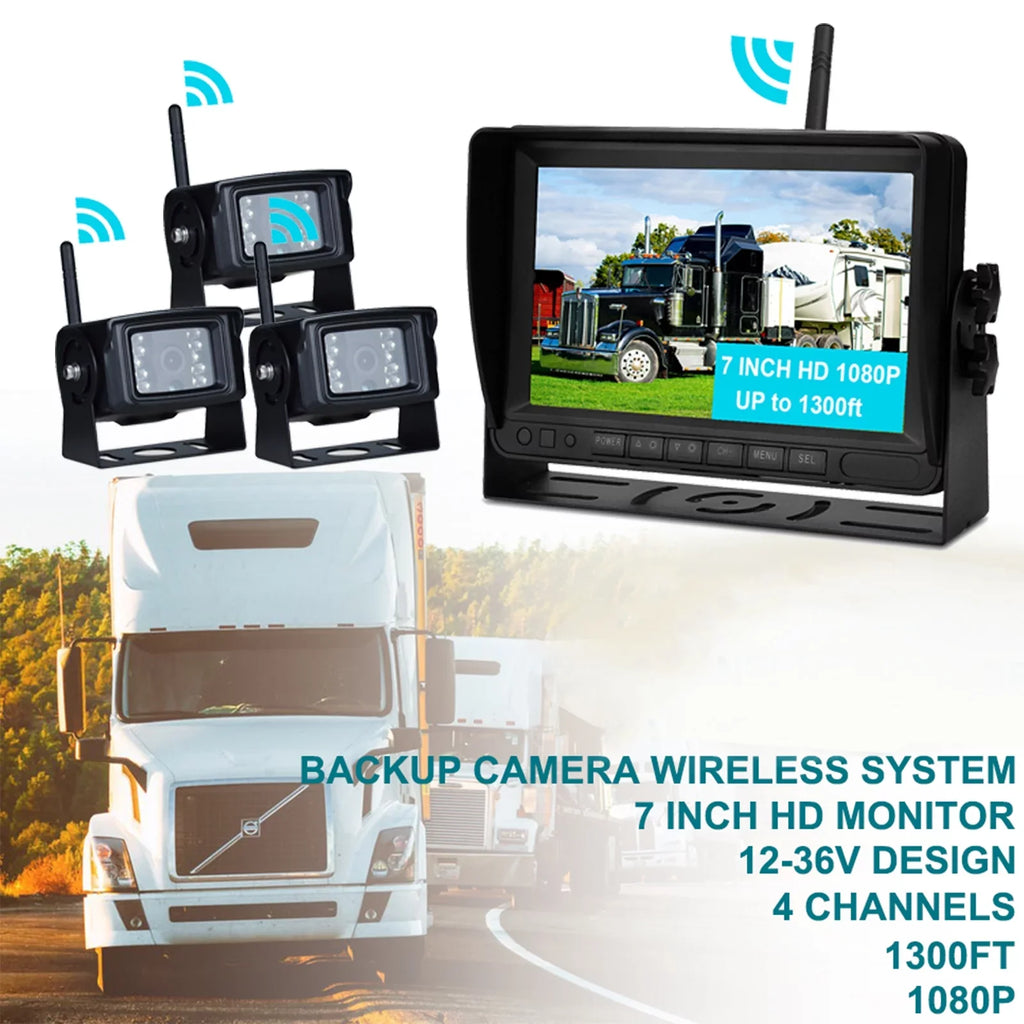 Camera Kit View Wireless AHD Rear Backup 7" 1080P for 3CH Display Trailer Truck