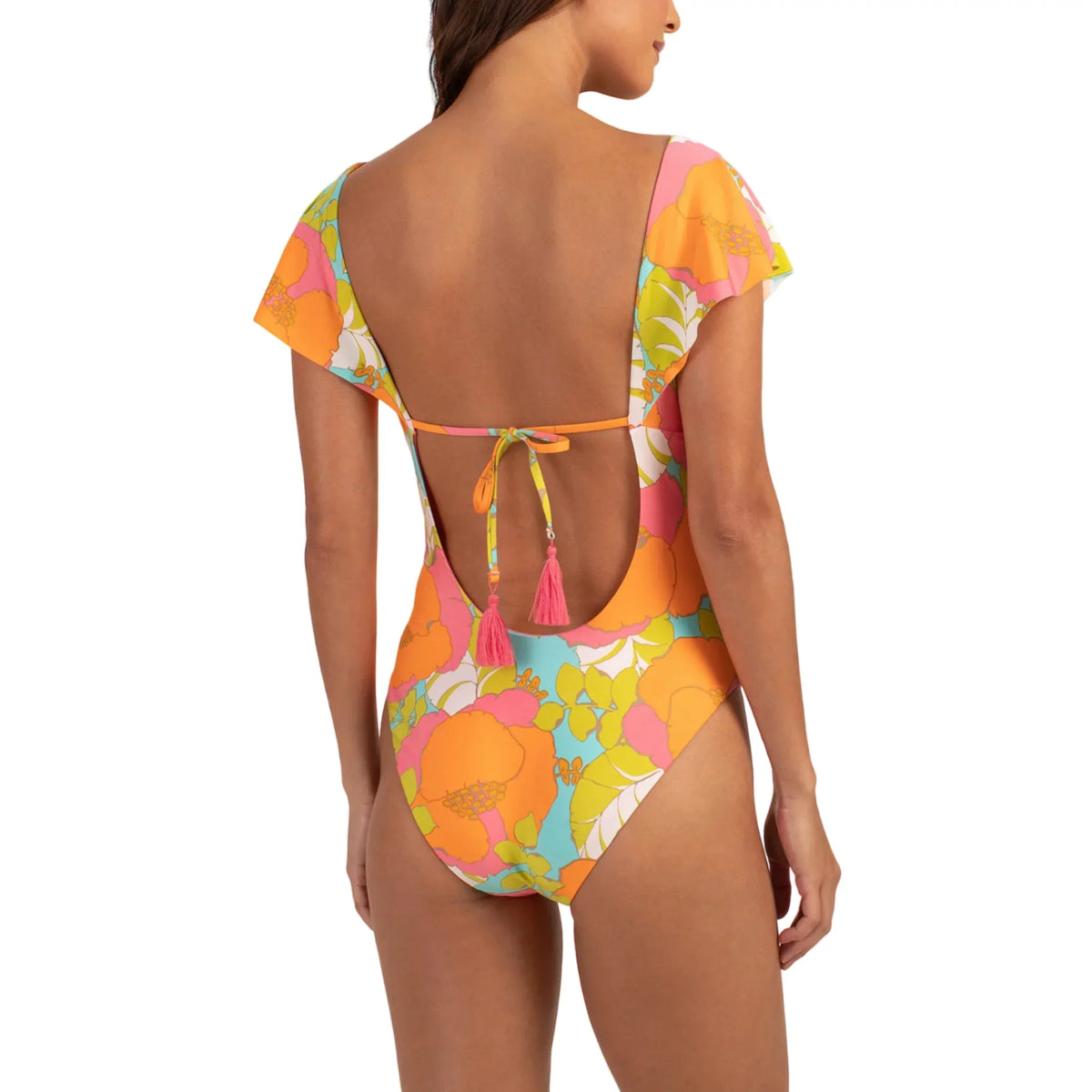 14 Playa Front / Sleeves Turk Swimsuit-Orange Women's Keyhole One-piece Flutter Flor De Trina