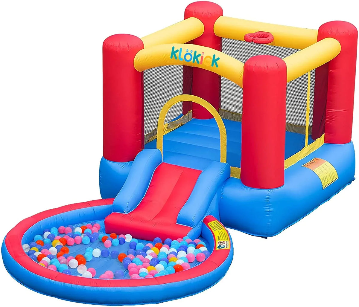 Basketball Bounce Castle with Pool Area with Fun Bouncy Bouncer Kids & Dry Wet Waterslide Blower Inflatable House for Repair years 3-5 , Kits, with Bounce Combo, Hoop Valwix for