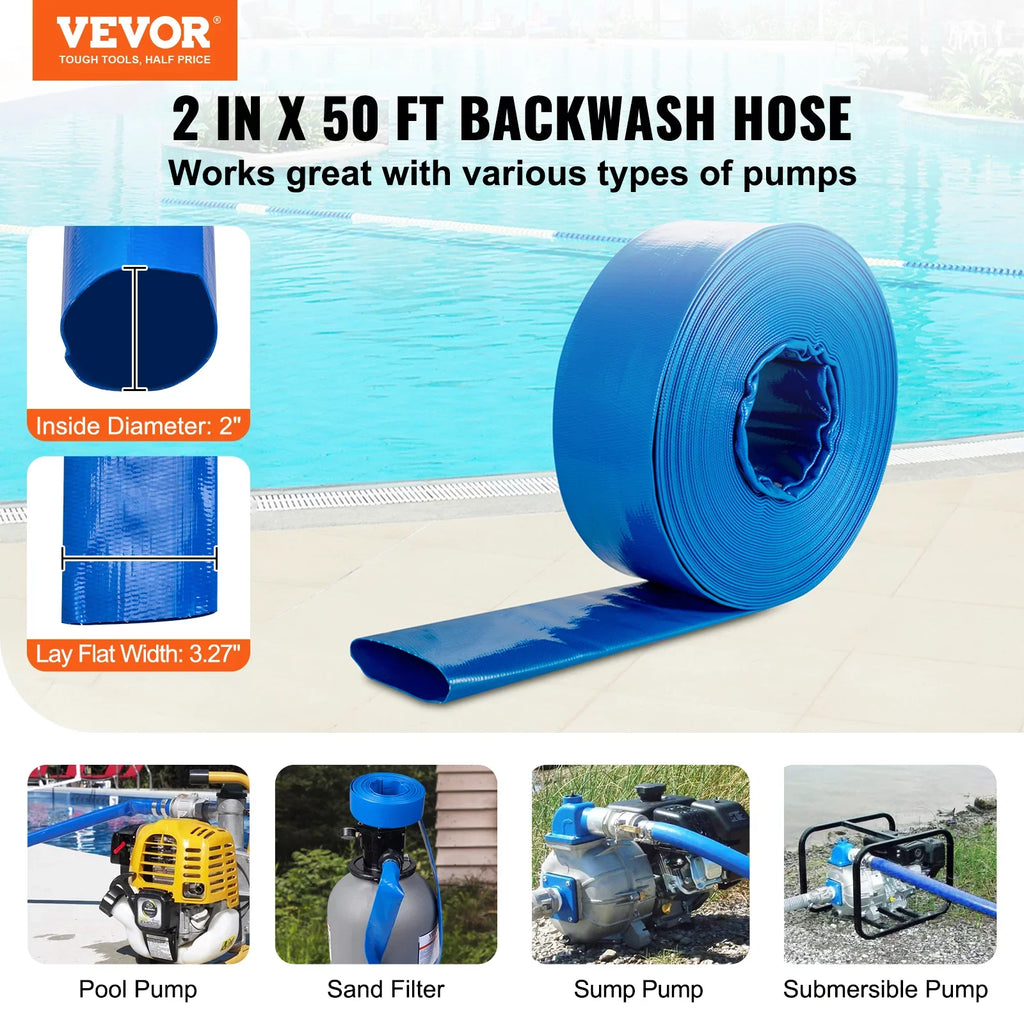 Pool Premium Lay and Chemical Weather x Flat 50' PVC Filter Discharge Backwash Clamps Hose Swimming 2'' BENTISM Blue Hose Resistant with