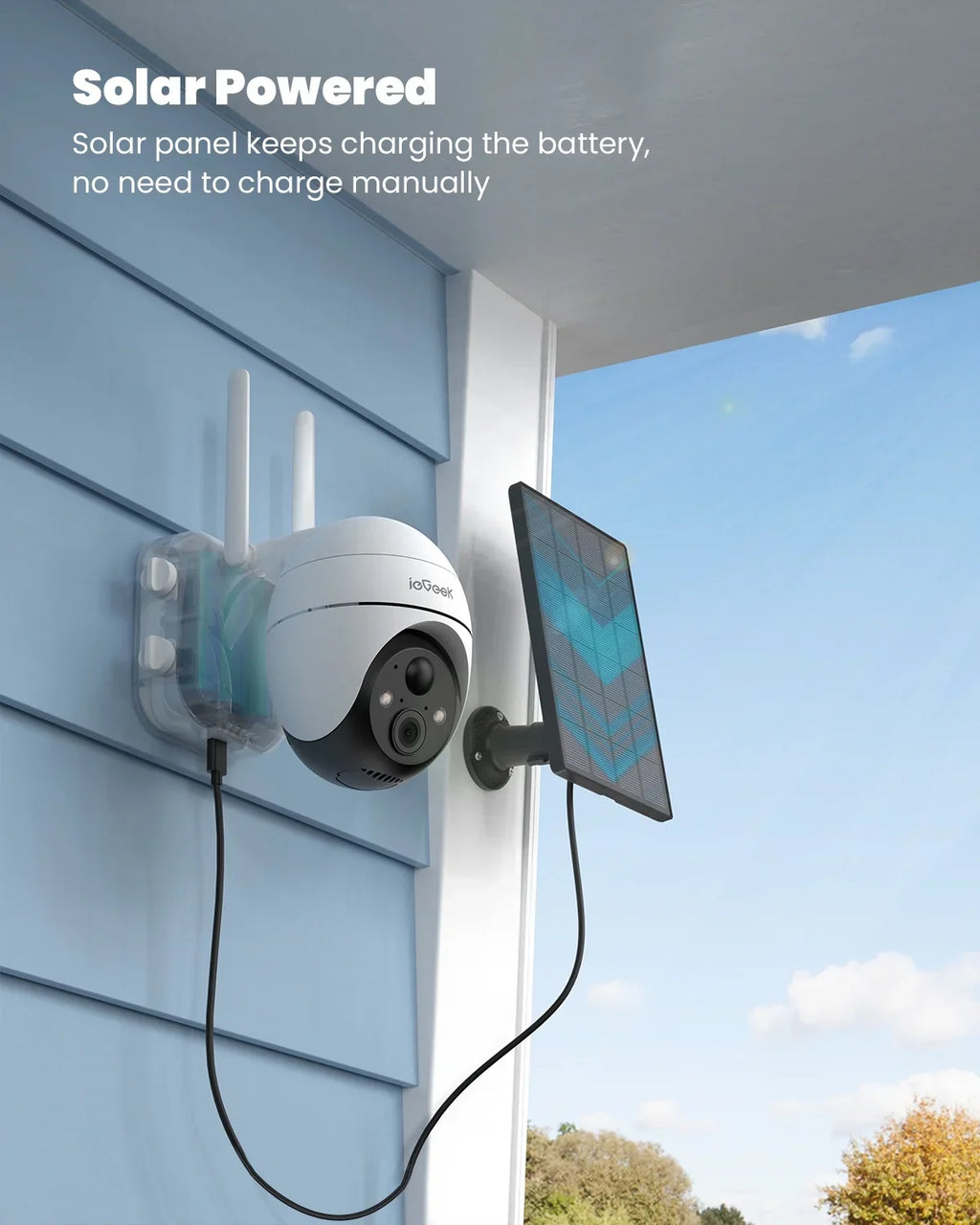 Wireless Detection, Spotlight, Vision, Solar Surveillance Outdoor Home Motion with View Night Security Solar PIR Powered Alexa WiFi 360° Cameras Camera, Color PTZ Outdoor, Battery 2K/3MP Work