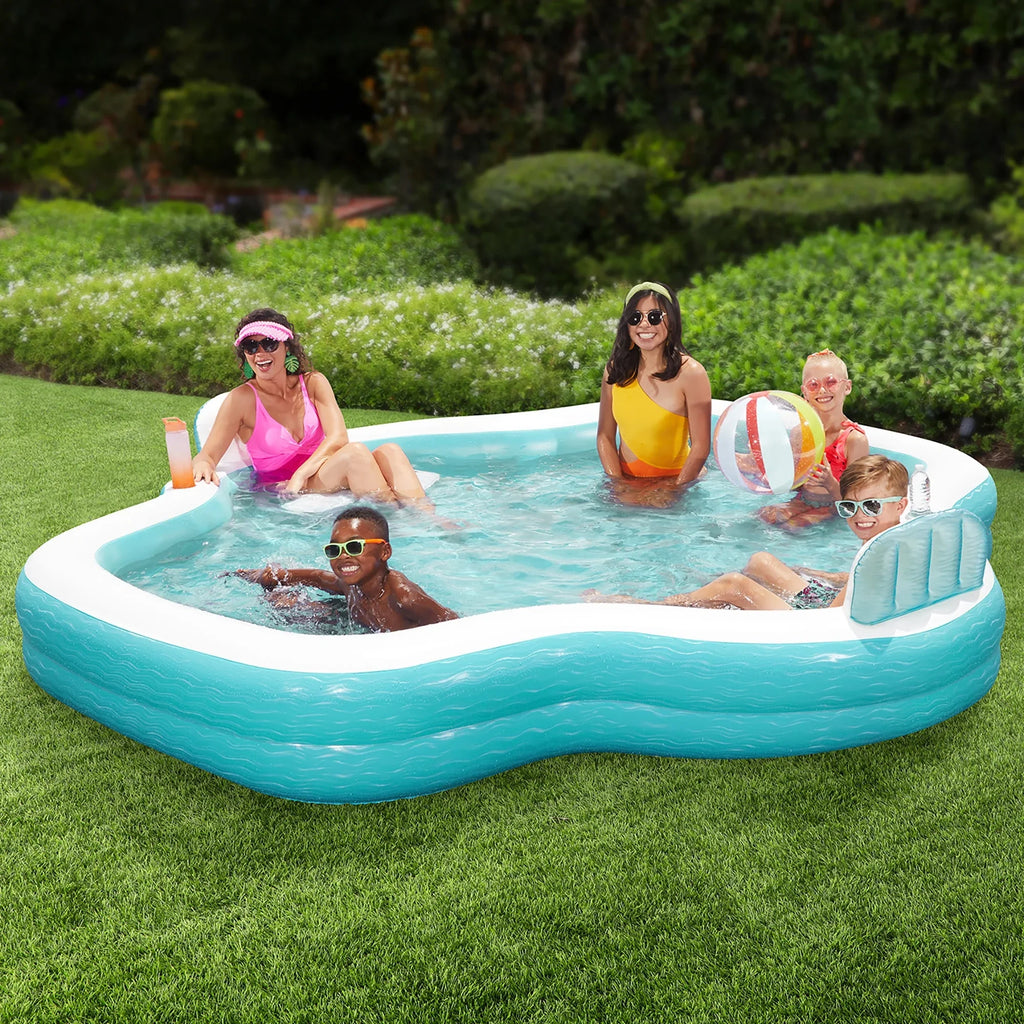 Inflatable Outdoor Party Holders, Funsicle: Cup Pool White, Lounge Comfortable Backrests, 10ft Teal - Pool, & 120x110x18", Shimmer Pool Family