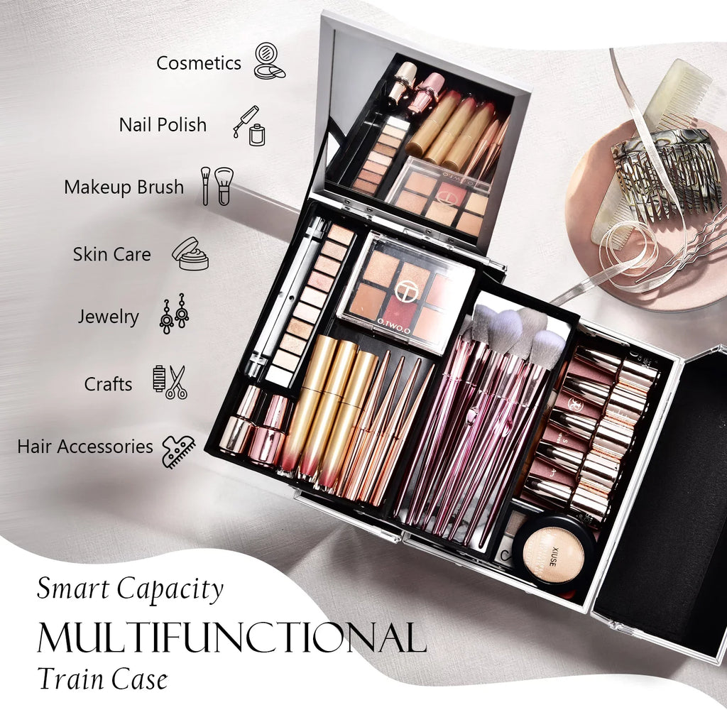 Lockable Storage Makeup Case with Train Cosmetic Makeup Mirror Joligrace Organizer Trays Box 2 Case