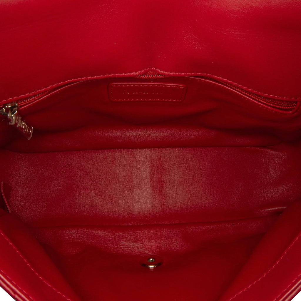 Lambskin Small (Good) Satchel Authenticated Red Flap Unisex Bag Chanel Leather Carry Easy Pre-Owned